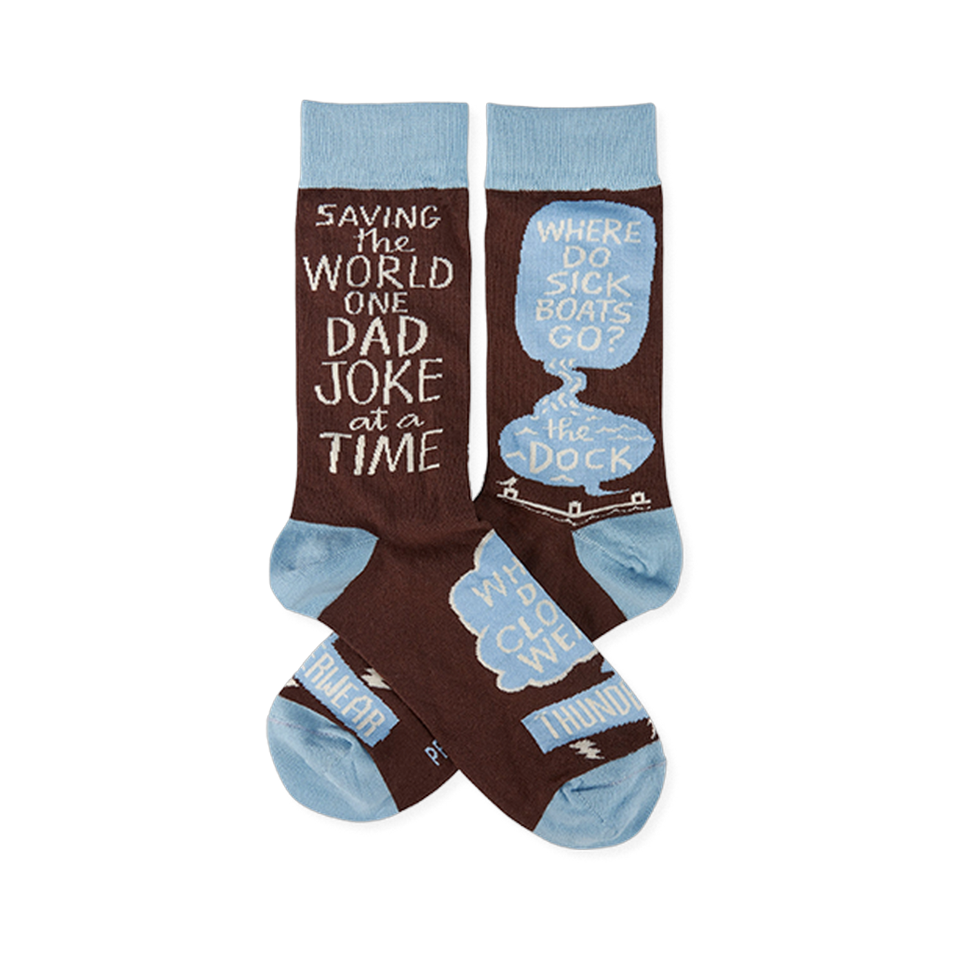 Pair of brown crew socks with light blue cuffs, heels, and toes. White text reads "SAVING THE WORLD ONE DAD JOKE at a TIME" and "WHERE DO SICK BOATS GO? the DOCK" inside speech bubbles.