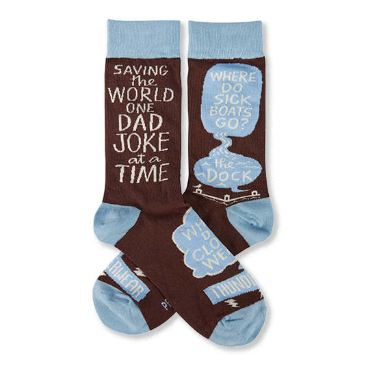 Pair of brown crew socks with light blue cuffs, heels, and toes. White text reads 