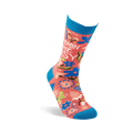 Single coral pink crew sock with "MOMMIN' AIN'T EASY" text and floral pattern, standing on a white background.