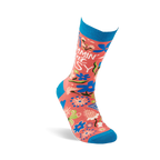 Single coral pink crew sock with "MOMMIN' AIN'T EASY" text and floral pattern, standing on a white background.