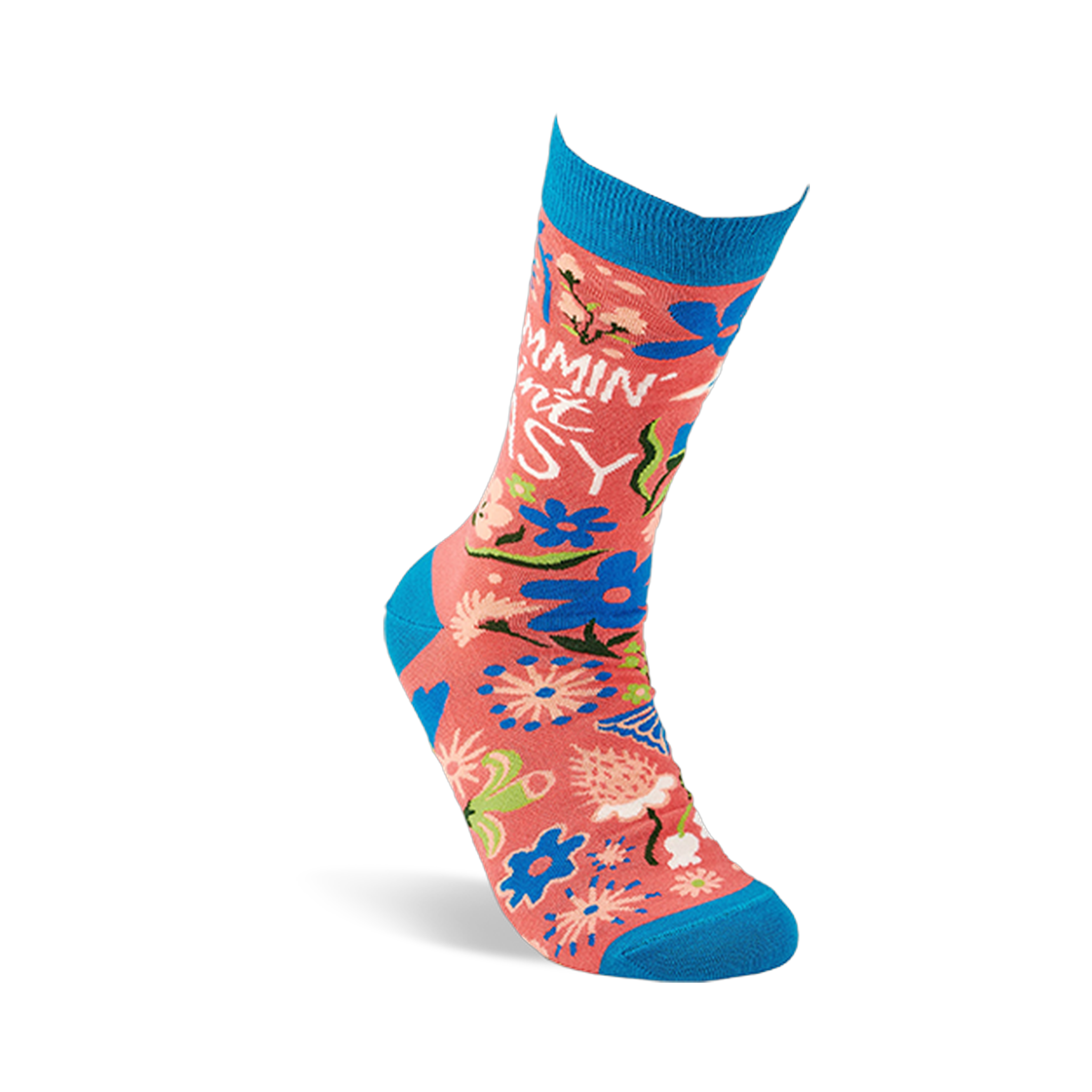 Single coral pink crew sock with "MOMMIN' AIN'T EASY" text and floral pattern, standing on a white background.