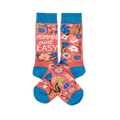 Two coral pink crew socks with blue cuffs, heels, and toes, featuring a colorful floral pattern and "MOMMIN' AIN'T EASY" text.