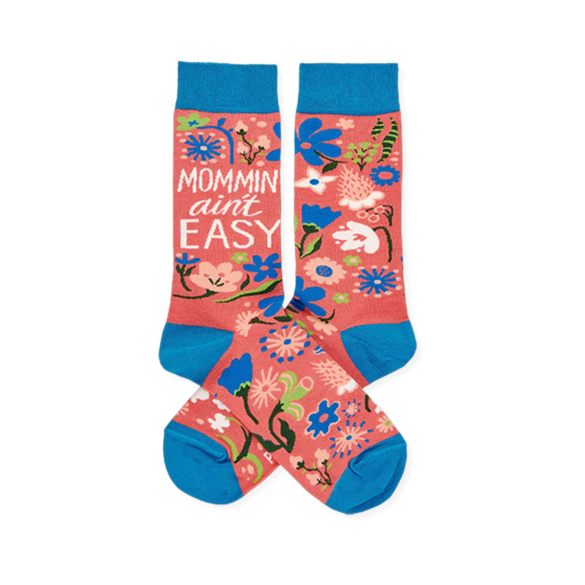 Two coral pink crew socks with blue cuffs, heels, and toes, featuring a colorful floral pattern and "MOMMIN' AIN'T EASY" text.