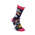 Single dark blue crew sock with pink accents, shaped to fit a foot, showing positive messages and cheerful patterns.