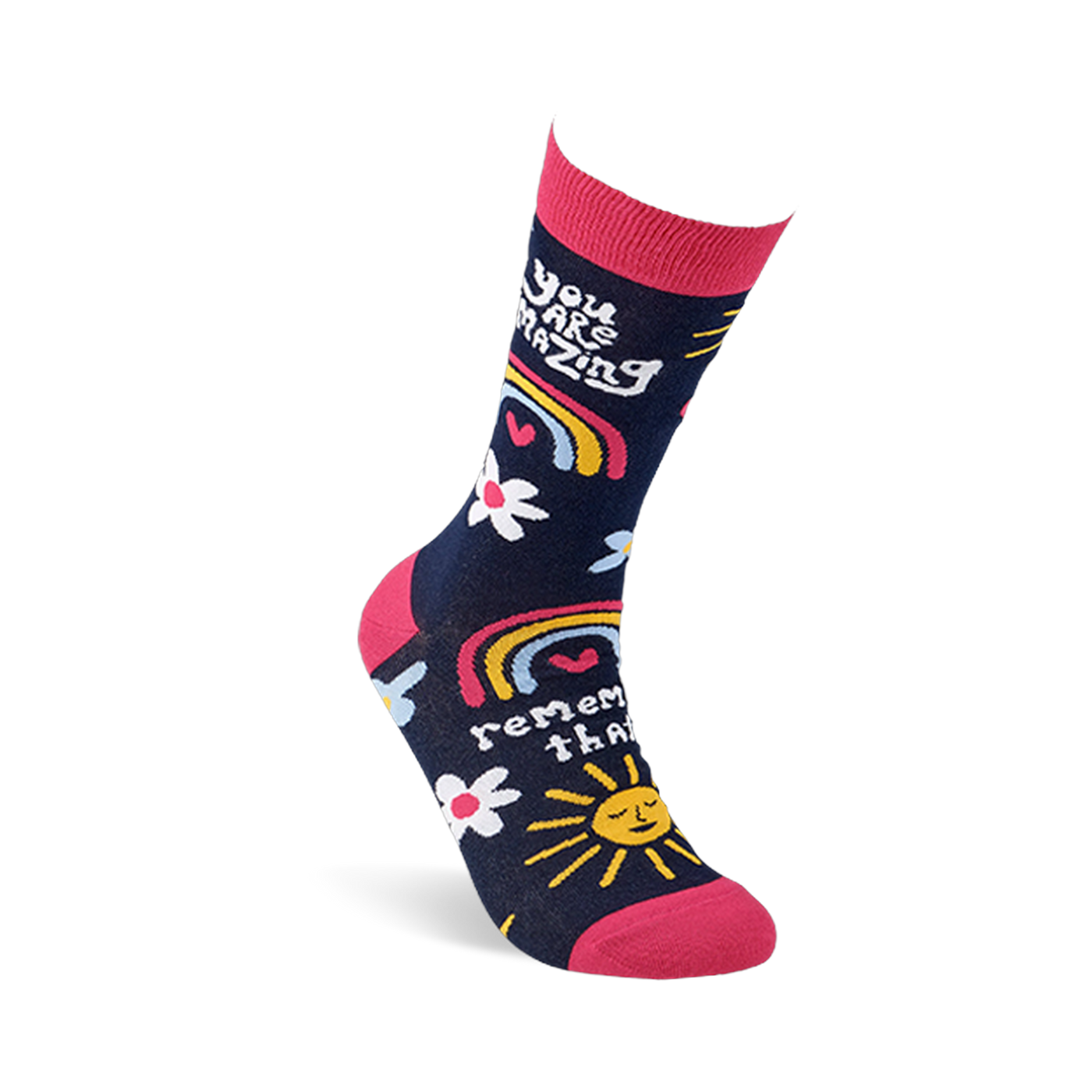 Single dark blue crew sock with pink accents, shaped to fit a foot, showing positive messages and cheerful patterns.