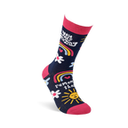 Single dark blue crew sock with pink accents, shaped to fit a foot, showing positive messages and cheerful patterns.
