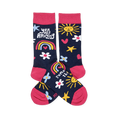 Pair of dark blue crew socks with pink cuffs, heels, toes. Features smiling suns, rainbows, flowers, stars, and 'YOU ARE AMAZING' text.