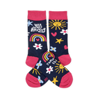 Pair of dark blue crew socks with pink cuffs, heels, toes. Features smiling suns, rainbows, flowers, stars, and 'YOU ARE AMAZING' text.