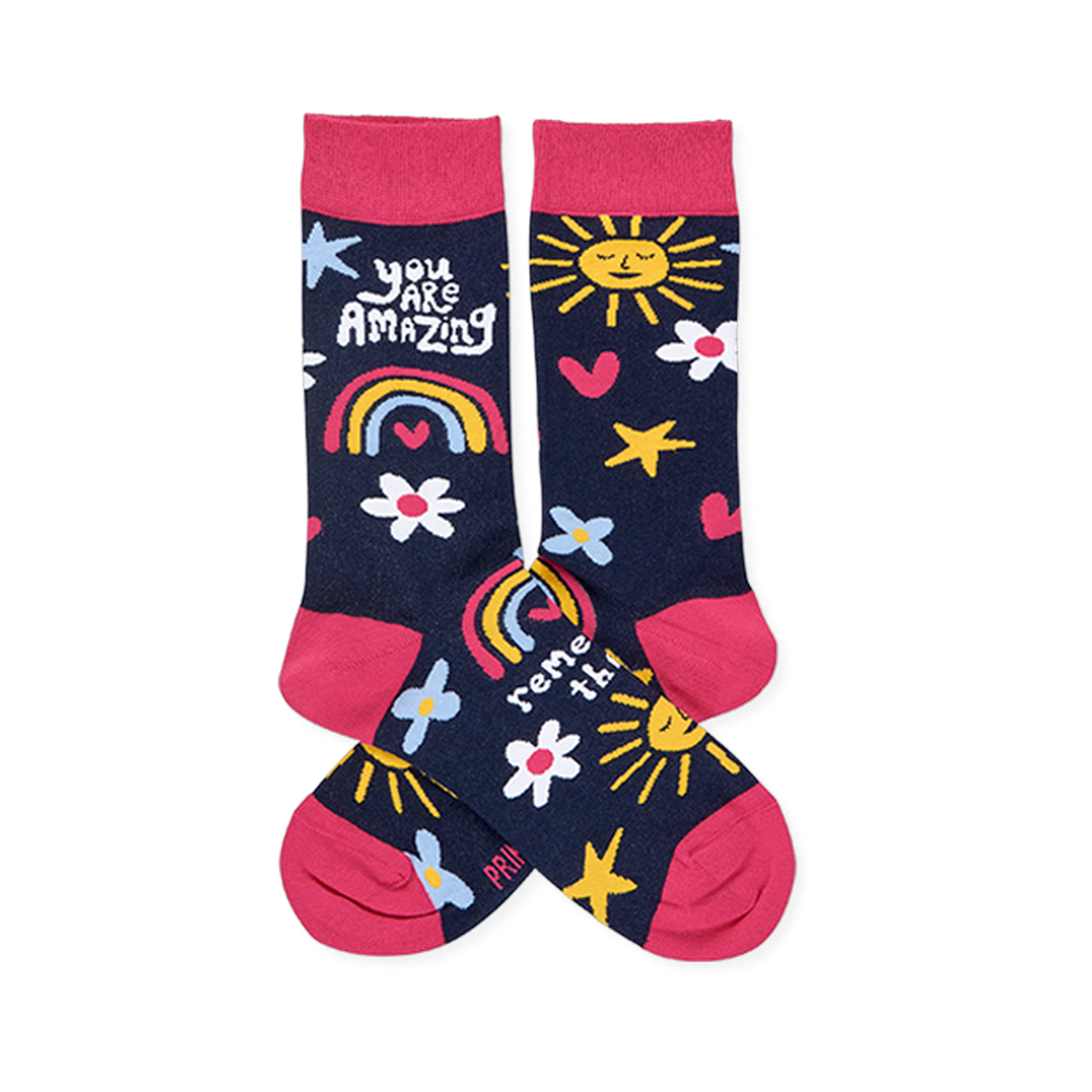 Pair of dark blue crew socks with pink cuffs, heels, toes. Features smiling suns, rainbows, flowers, stars, and 'YOU ARE AMAZING' text.