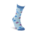 Single light blue crew sock on an invisible foot, covered in blue and purple flowers, with "YOU ARE MOM-AZING" text visible.