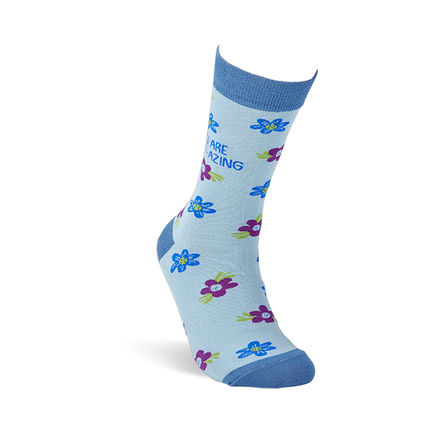 Single light blue crew sock on an invisible foot, covered in blue and purple flowers, with "YOU ARE MOM-AZING" text visible.