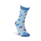 Single light blue crew sock on an invisible foot, covered in blue and purple flowers, with "YOU ARE MOM-AZING" text visible.