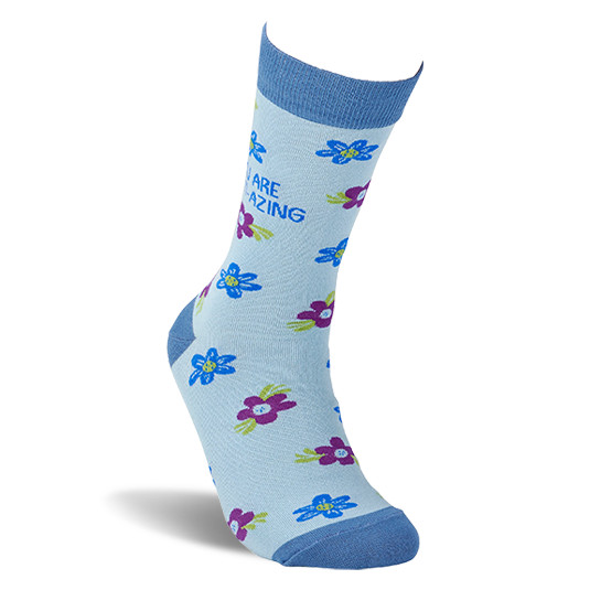 Single light blue crew sock on an invisible foot, covered in blue and purple flowers, with 