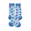 Pair of light blue crew socks with scattered blue and purple flowers. One sock reads "YOU ARE MOM-AZING" in green text.