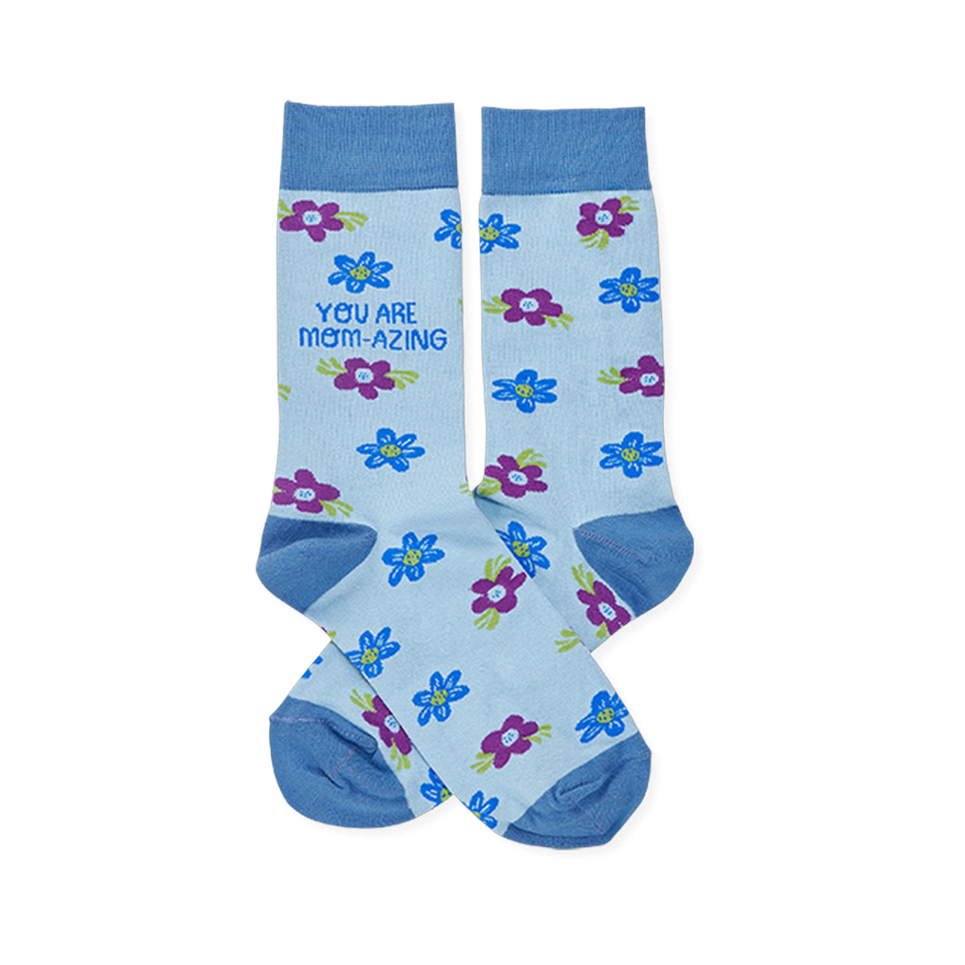 Pair of light blue crew socks with scattered blue and purple flowers. One sock reads "YOU ARE MOM-AZING" in green text.