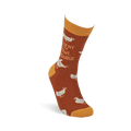 Rust sock with white chickens and "Fluent In Fowl Language" text, featuring yellow cuff, heel, and toe.