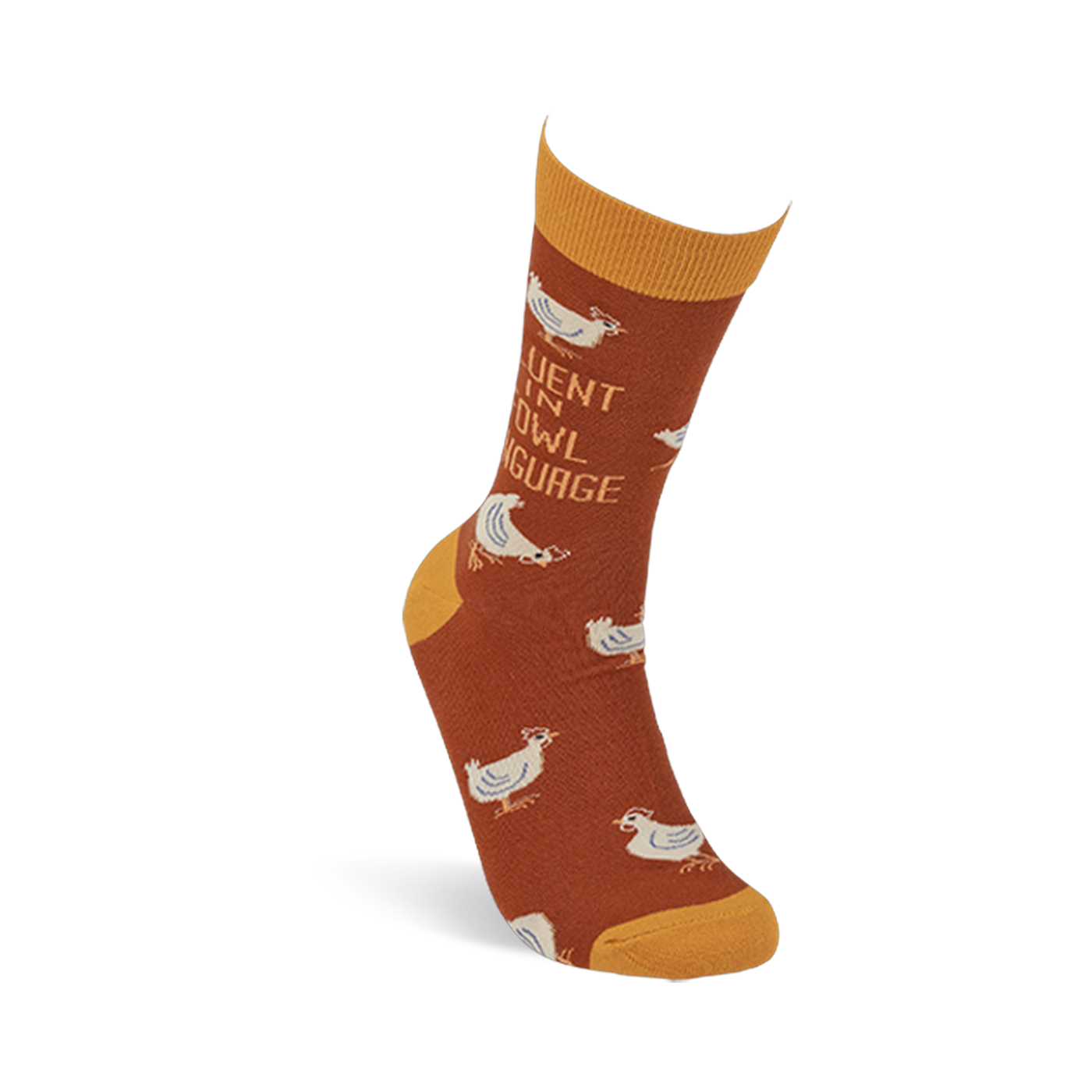 Rust sock with white chickens and "Fluent In Fowl Language" text, featuring yellow cuff, heel, and toe.