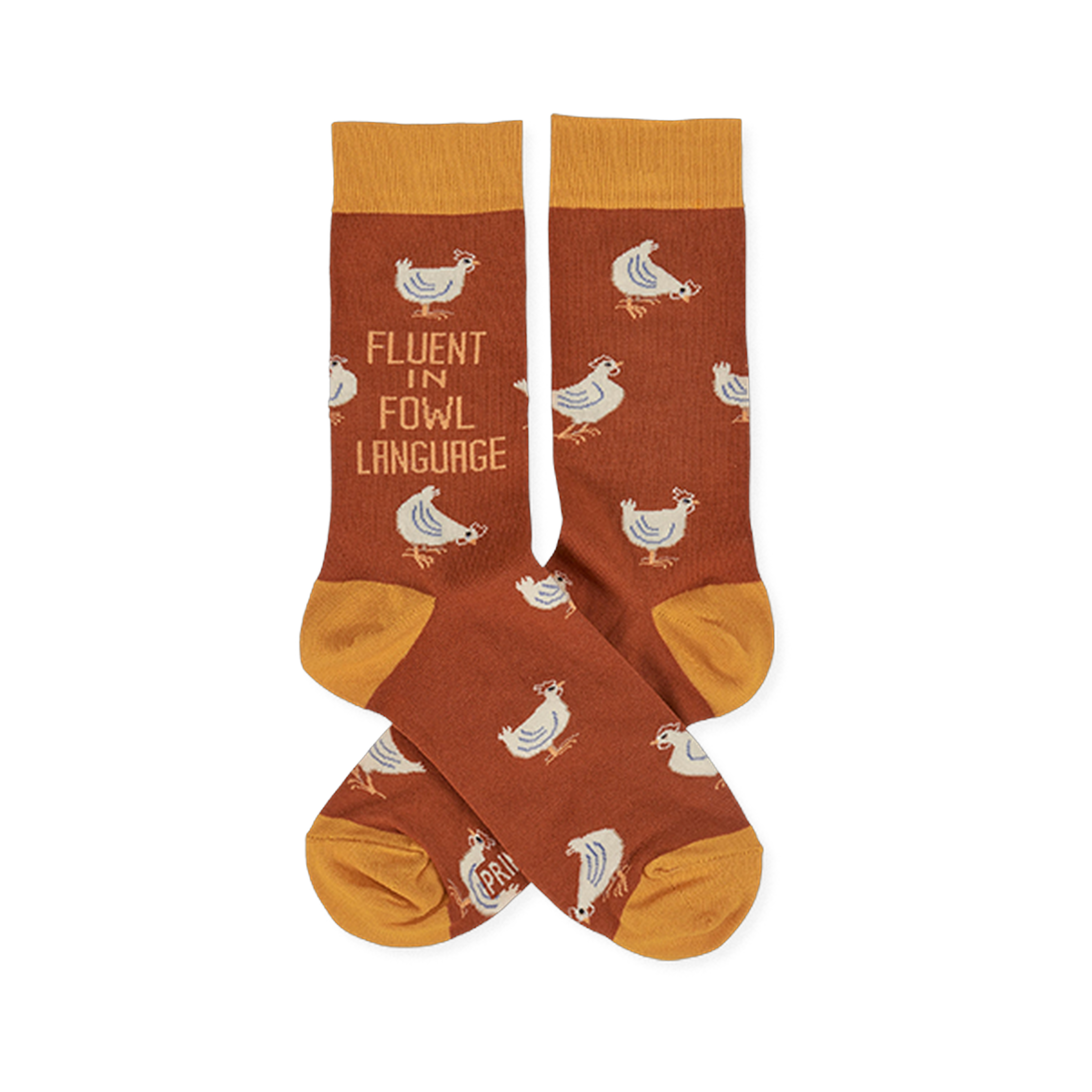 Pair of "Fluent In Fowl Language" socks. Rust brown with white chicken print and mustard yellow cuffs, heels, and toes.