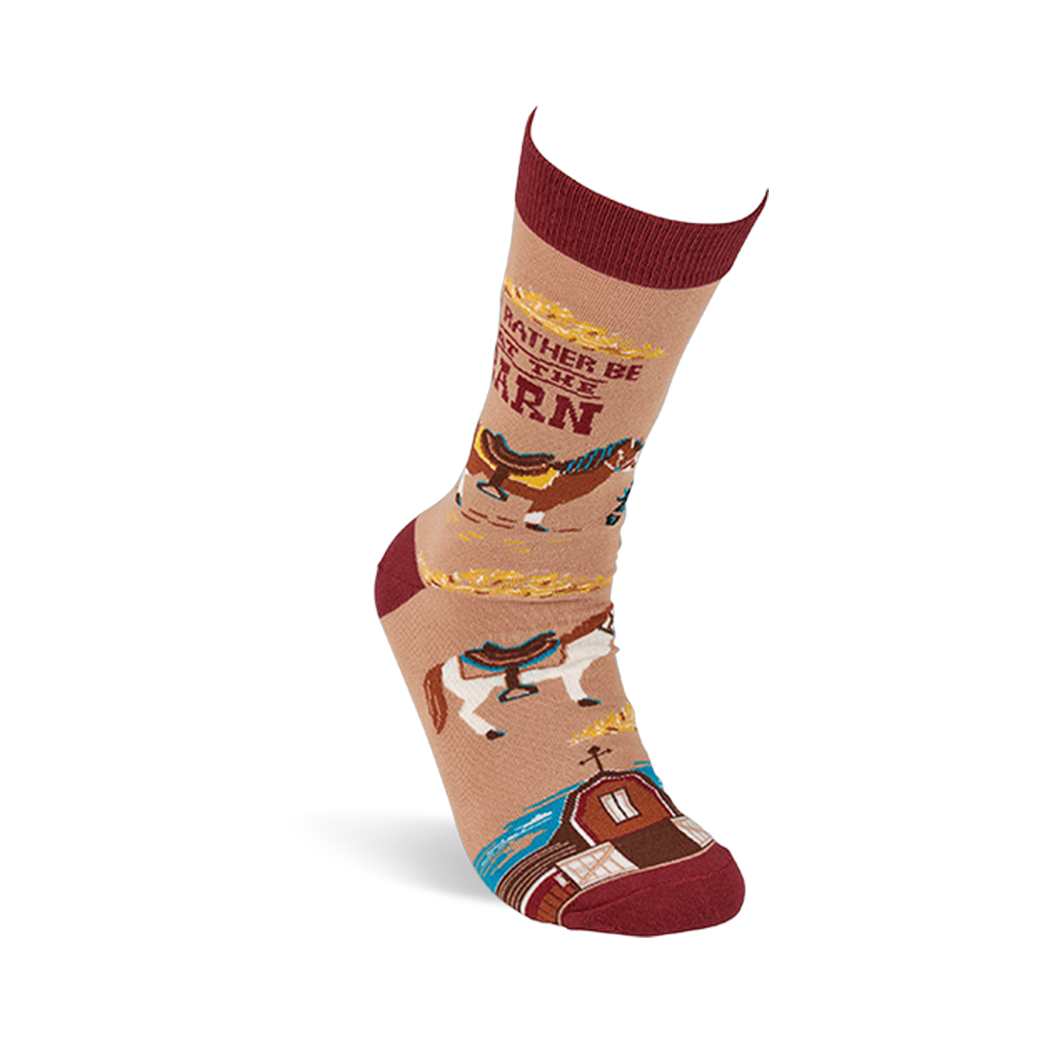 Single tan crew sock with reddish-brown accents, featuring horses, a barn, and 'I'd Rather Be At The Barn' text, angled upwards.