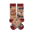 Pair of tan crew socks with reddish-brown cuffs, heels, and toes, featuring colorful horses, a barn, and 'I'd Rather Be At The Barn' text.