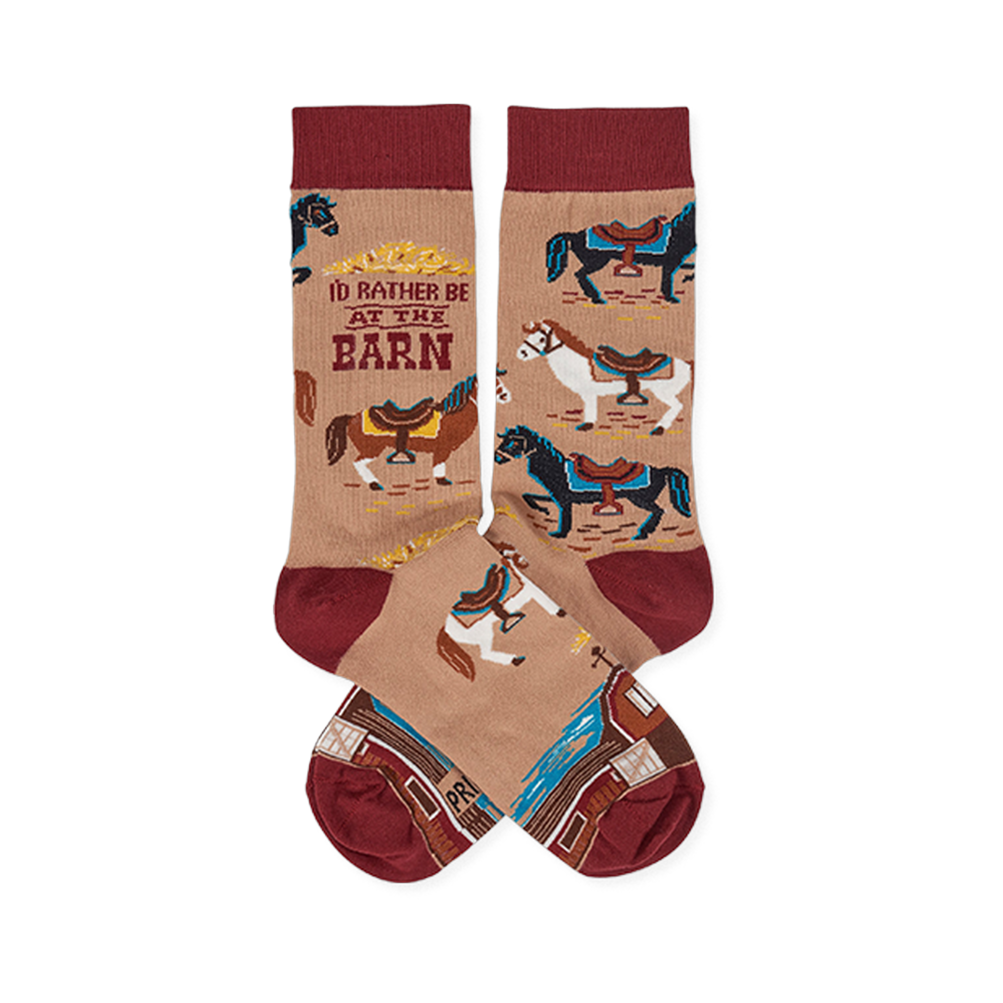 Pair of tan crew socks with reddish-brown cuffs, heels, and toes, featuring colorful horses, a barn, and 'I'd Rather Be At The Barn' text.