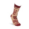 Single tan crew sock standing upright, showing a maroon cuff and text 'GIVE A GIRL THE RIGHT PAIR OF BOOTS'.