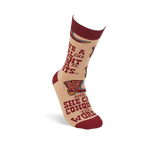 Single tan crew sock standing upright, showing a maroon cuff and text 'GIVE A GIRL THE RIGHT PAIR OF BOOTS'.