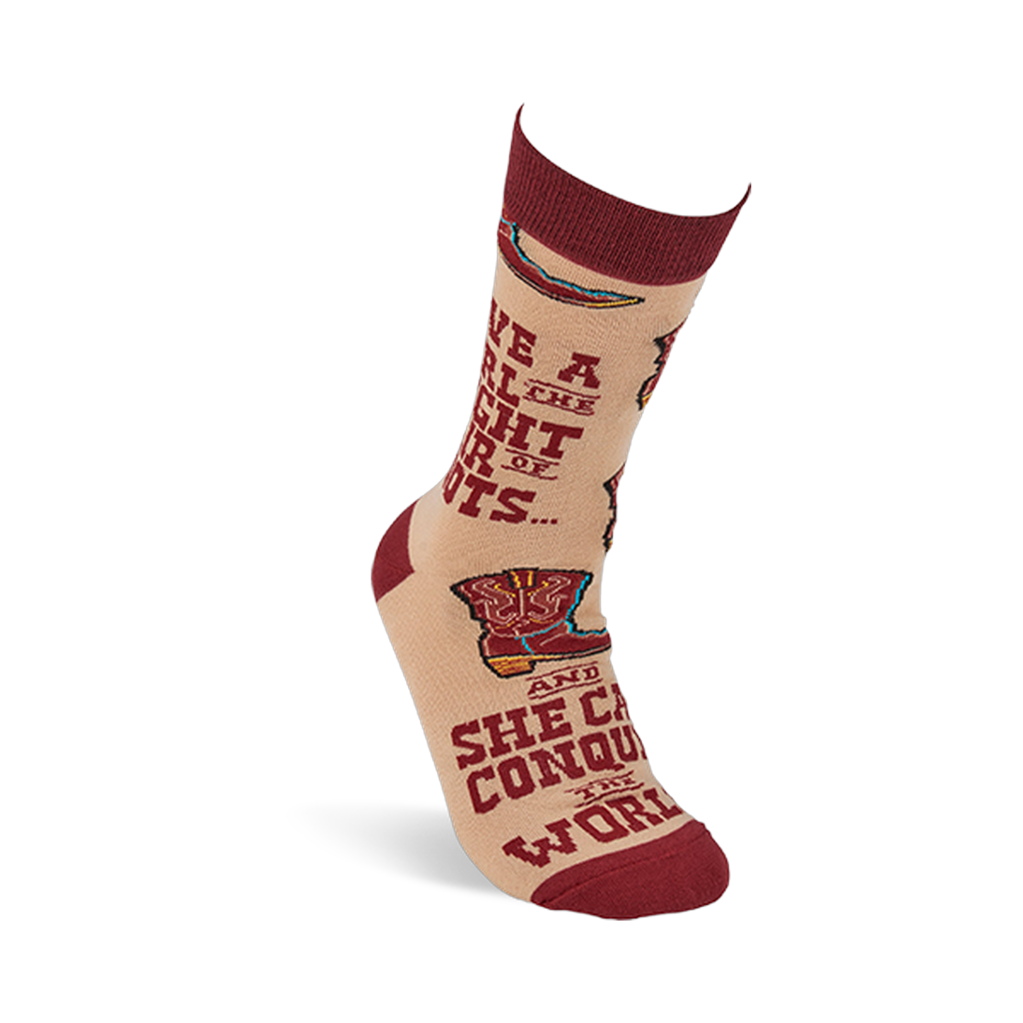 Single tan crew sock standing upright, showing a maroon cuff and text 'GIVE A GIRL THE RIGHT PAIR OF BOOTS'.