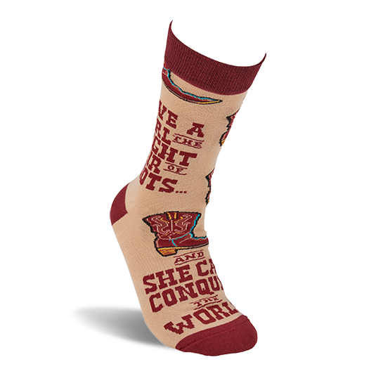 Single tan crew sock standing upright, showing a maroon cuff and text 'GIVE A GIRL THE RIGHT PAIR OF BOOTS'.