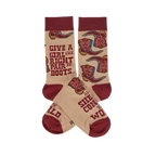 Pair of tan crew socks with maroon cuffs, heels, and toes, featuring a pattern of cowboy boots and an inspiring quote.