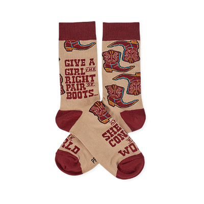 Pair of tan crew socks with maroon cuffs, heels, and toes, featuring a pattern of cowboy boots and an inspiring quote.