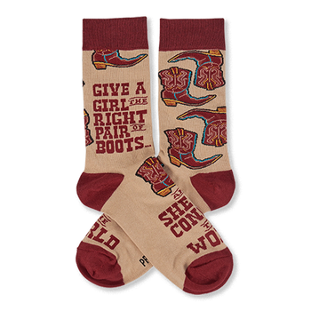 Pair of tan crew socks with maroon cuffs, heels, and toes, featuring a pattern of cowboy boots and an inspiring quote.