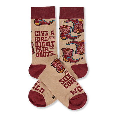 Pair of tan crew socks with maroon cuffs, heels, and toes, featuring a pattern of cowboy boots and an inspiring quote.