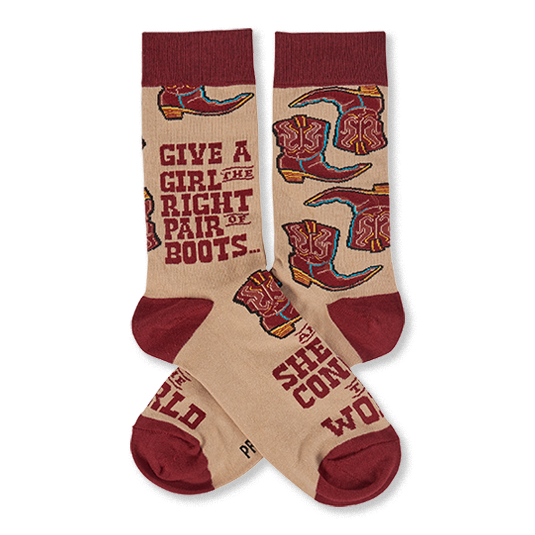 Pair of tan crew socks with maroon cuffs, heels, and toes, featuring a pattern of cowboy boots and an inspiring quote.