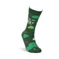 A single dark green crew sock stands upright, displaying green and white clovers, red ladybugs, and text.