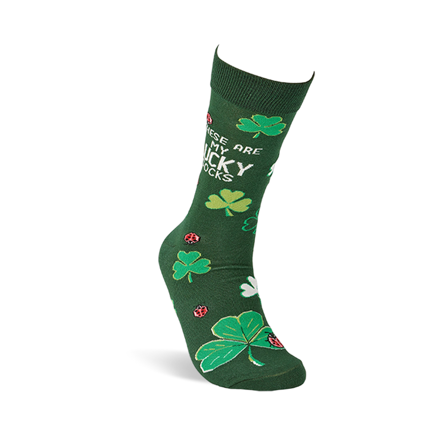 A single dark green crew sock stands upright, displaying green and white clovers, red ladybugs, and text.