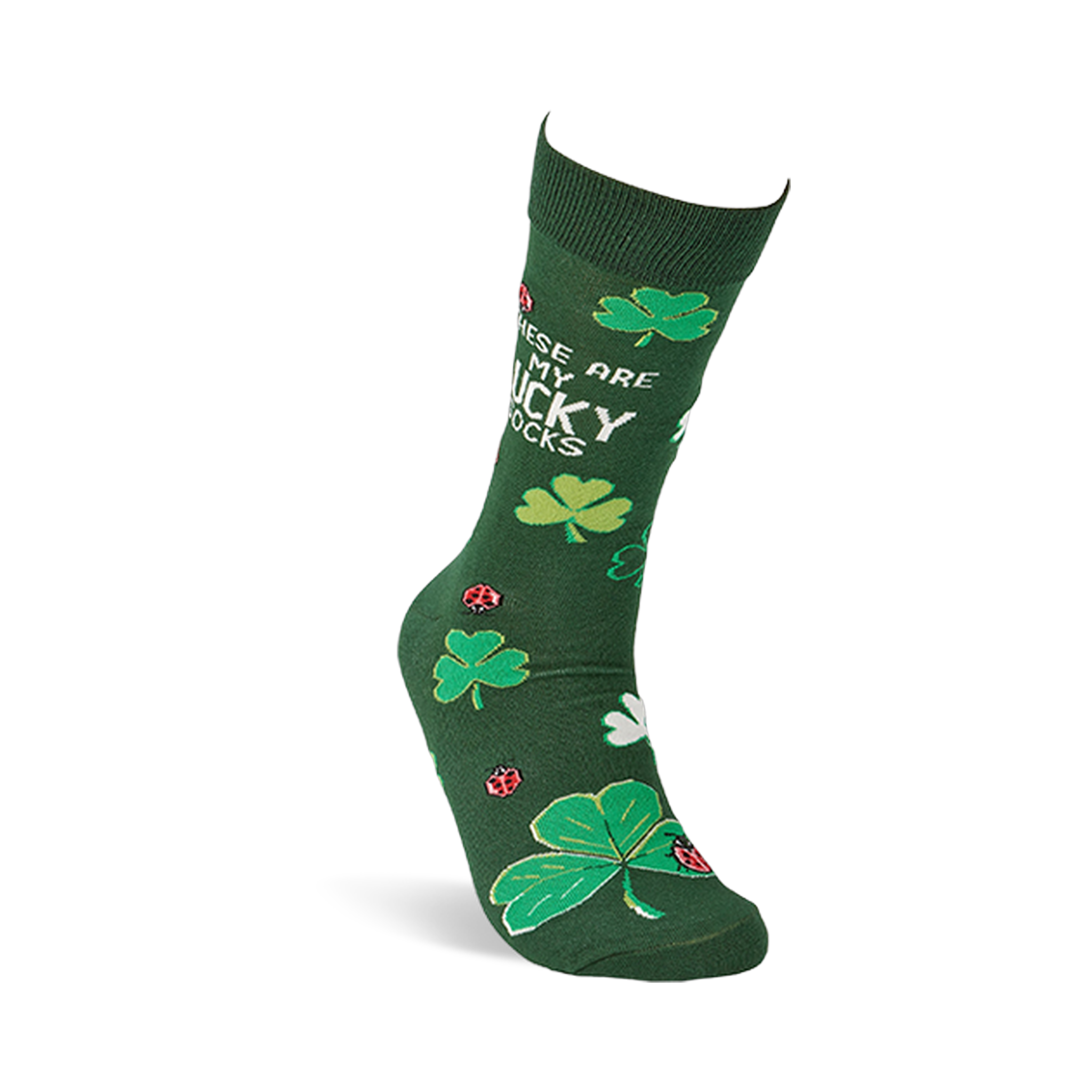 A single dark green crew sock stands upright, displaying green and white clovers, red ladybugs, and text.