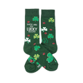 Pair of dark green crew socks with light green and white clovers and red ladybugs. One sock reads "THESE ARE MY LUCKY SOCKS."