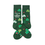 Pair of dark green crew socks with light green and white clovers and red ladybugs. One sock reads "THESE ARE MY LUCKY SOCKS."
