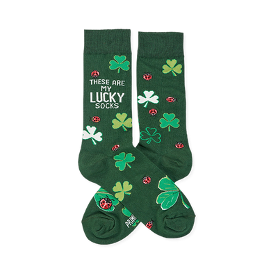 Pair of dark green crew socks with light green and white clovers and red ladybugs. One sock reads "THESE ARE MY LUCKY SOCKS."