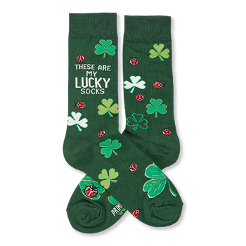 Pair of dark green crew socks with light green and white clovers and red ladybugs. One sock reads "THESE ARE MY LUCKY SOCKS."