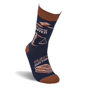 Single navy crew sock, worn upright, displays 'Awesome Lawyer' text, a gavel, scales, and 'Case Law' books.