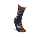 Single navy crew sock, worn upright, displays 'Awesome Lawyer' text, a gavel, scales, and 'Case Law' books.