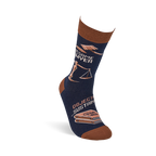 Single navy crew sock, worn upright, displays 'Awesome Lawyer' text, a gavel, scales, and 'Case Law' books.