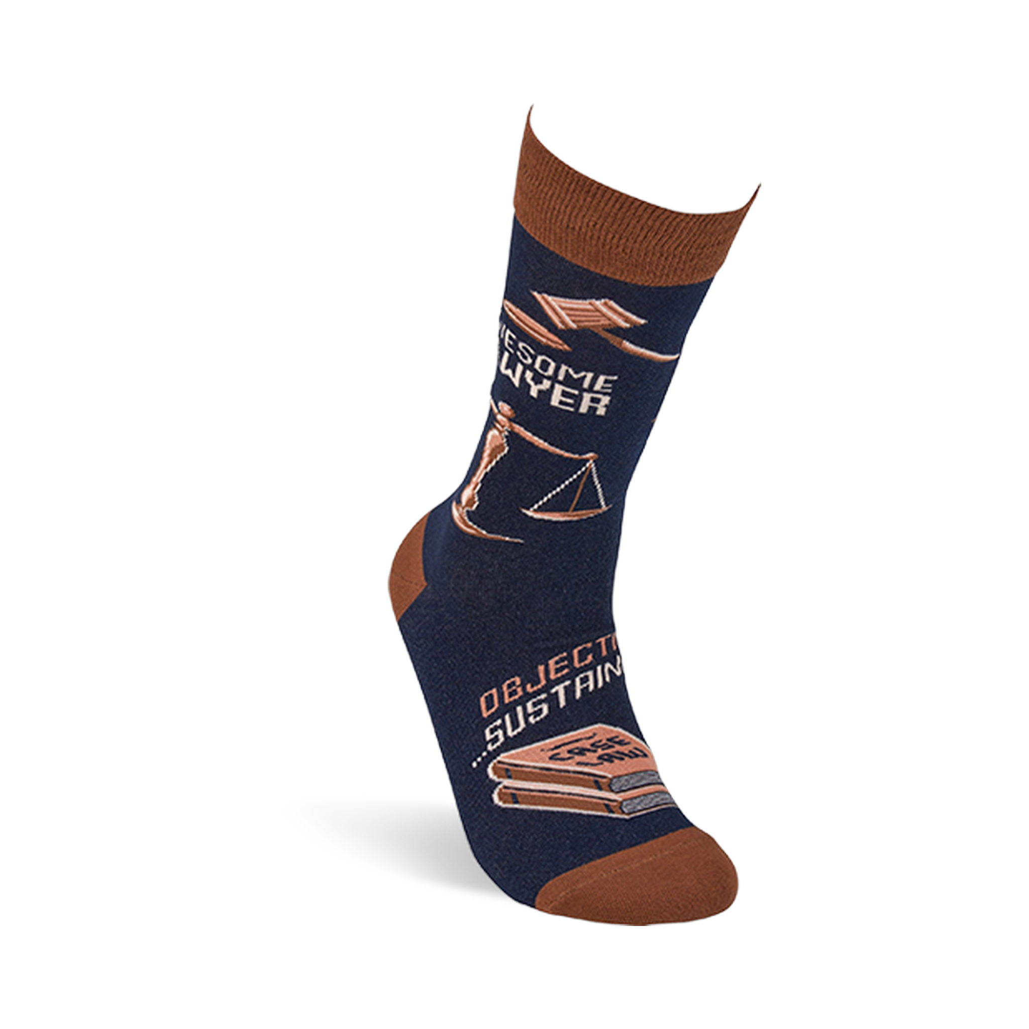 Single navy crew sock, worn upright, displays 'Awesome Lawyer' text, a gavel, scales, and 'Case Law' books.