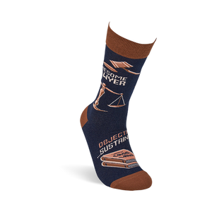 Single navy crew sock, worn upright, displays 'Awesome Lawyer' text, a gavel, scales, and 'Case Law' books.