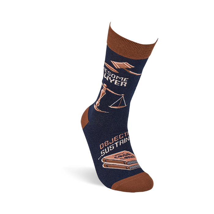 Single navy crew sock, worn upright, displays 'Awesome Lawyer' text, a gavel, scales, and 'Case Law' books.