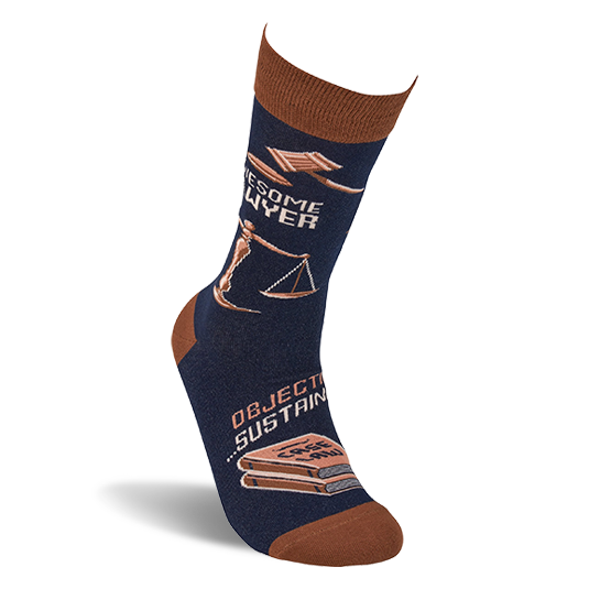 Single navy crew sock, worn upright, displays 'Awesome Lawyer' text, a gavel, scales, and 'Case Law' books.