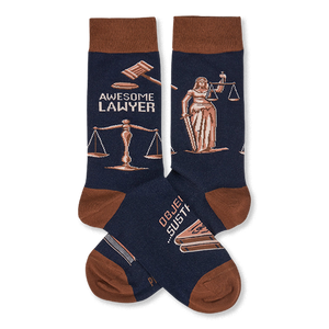 Pair of navy crew socks with brown cuffs, heels, and toes. Design includes 