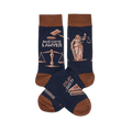 Pair of navy crew socks with brown cuffs, heels, and toes. Design includes "Awesome Lawyer" text, gavels, Lady Justice, and scales.